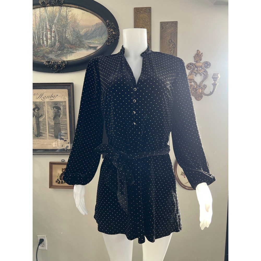 Zara Black Velvet Gold Polka Dot Mini Dress Long Sleeve V-Neck Small 158N